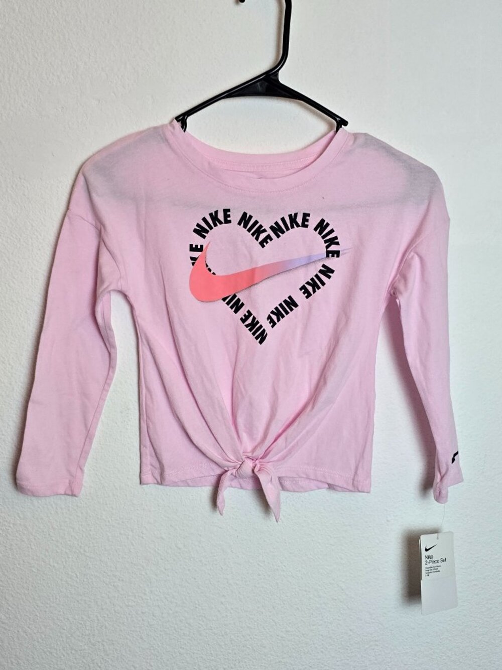 Nike Girls Long Sleeve Pink Knot-Front Top With Heart Logo Design 6X